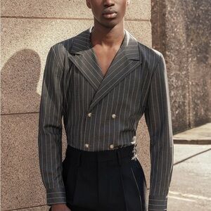 P.H.I.X GREY DOUBLE BREASTED PINSTRIPE SHIRT